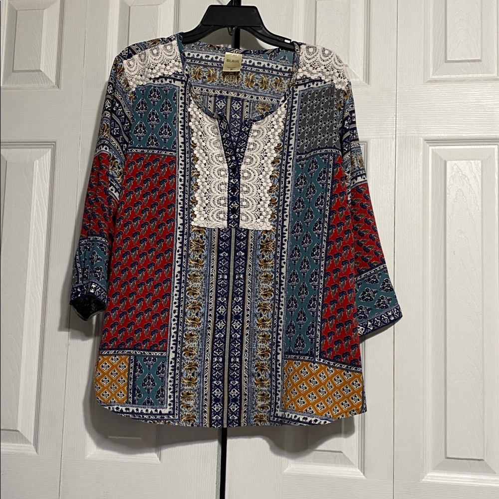 Blair Boho smock style patchwork lace trim multicolor top size XL